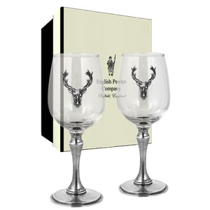 Luxury Pewter Stag Head Wine Glasses Set With Solid Pewter Stem - Pair