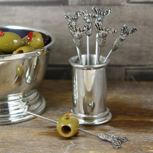 Pics à cocktail ou à olives en étain avec motif de cerf et support (6 pics)