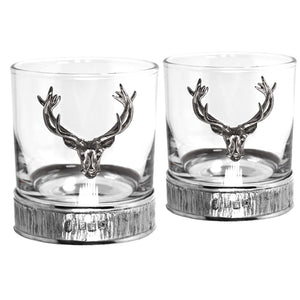 Bicchiere di vetro per whisky personalizzato da 11 once Majestic Stag Head Pewter, set di 2 bicchieri