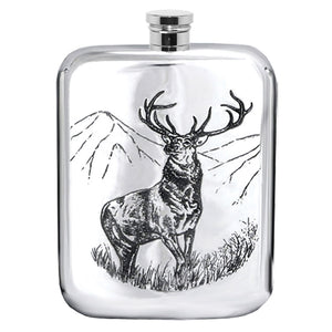 6oz Pewter Hip Flask with Highland Stag Design