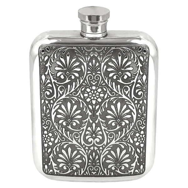 6oz Pewter Hip Flask with Victorian Floral Design - UK-englishpewter