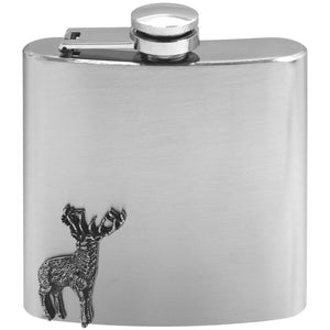 6oz Stainless Steel Hip Flask With Pewter Stag Emblem