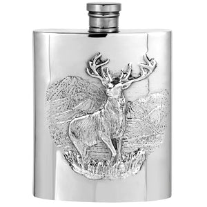 6oz Pewter Hip Flask with Embossed Highland Stag Design